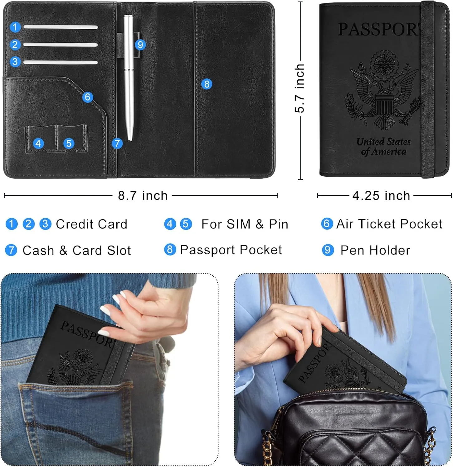 ACdream RFID Blocking Passport Holder Travel Wallet - Premium PU Leather Cover Passport Book with Card Holder, Pen Slot, Keep Organization, and Travel Essentials for Women and Men