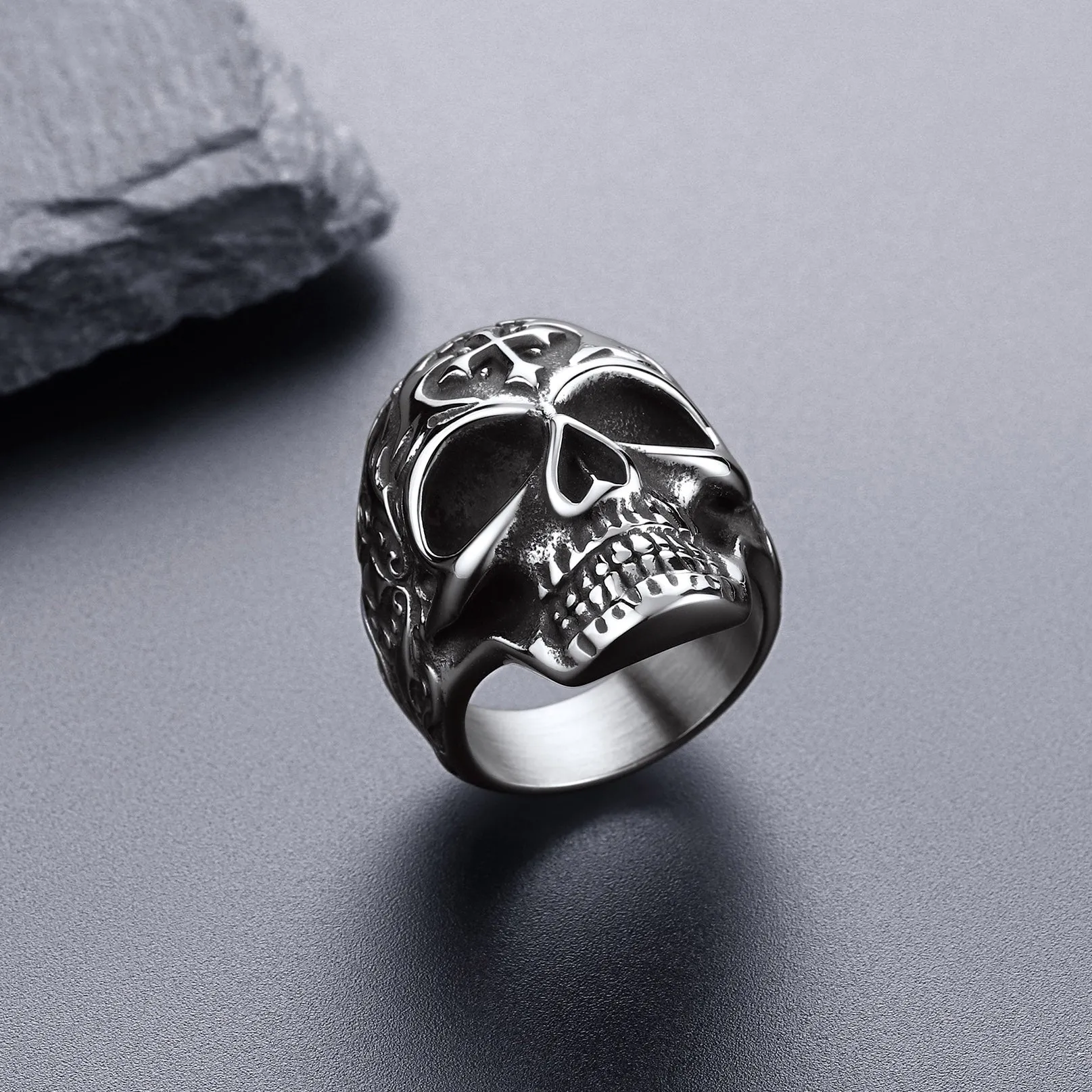 Biker Punk Cross Sugar Skull Ring for Men