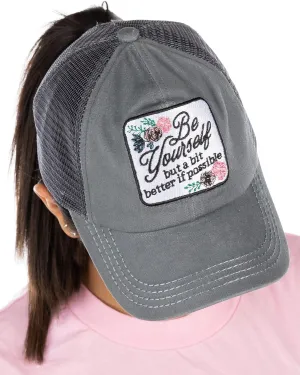 Funky Junque Women's Distressed Ponytail Mesh Trucker Cap - Criss Cross Elastic Bands