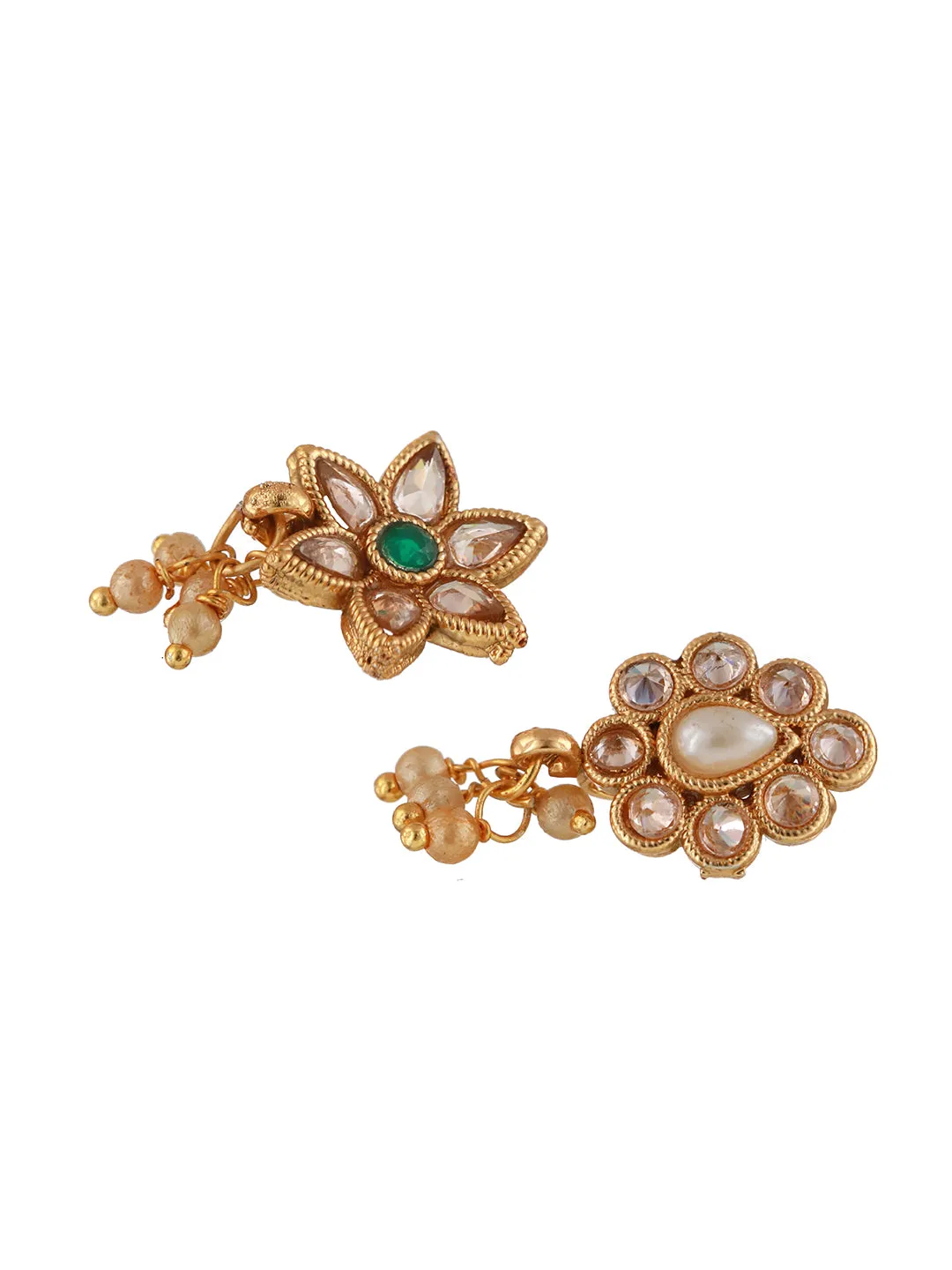 Gold-Plated Green & White Kundan Studded Floral Clip-On Nosepin