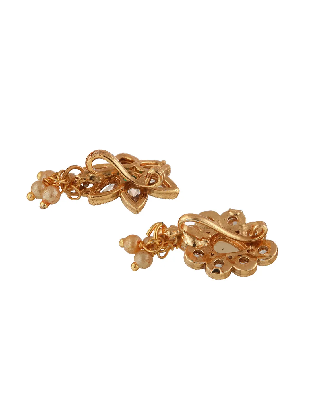 Gold-Plated Green & White Kundan Studded Floral Clip-On Nosepin