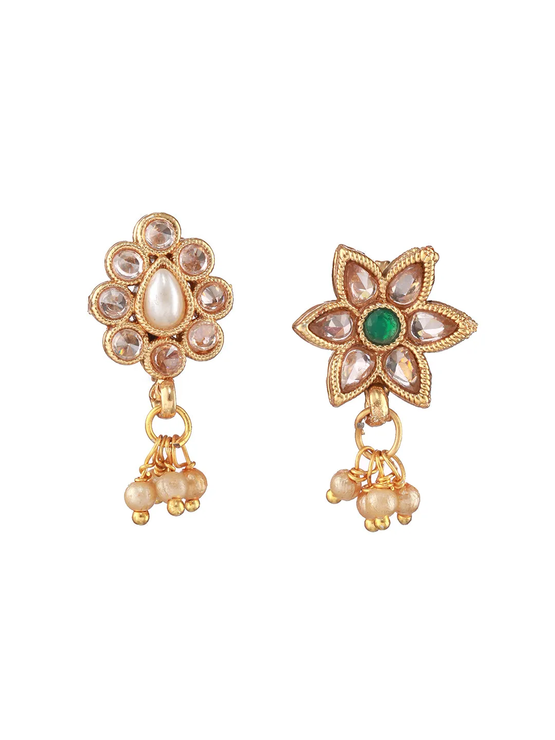 Gold-Plated Green & White Kundan Studded Floral Clip-On Nosepin