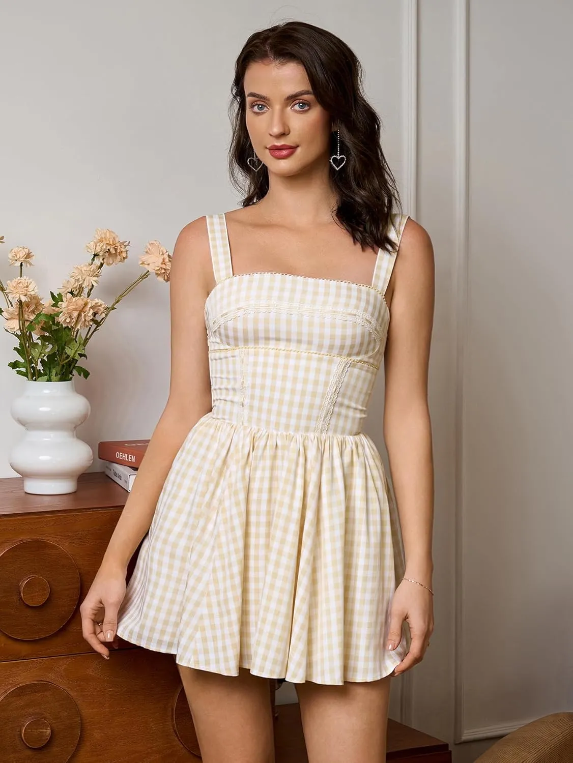KUTUMAI Summer Gingham Mini Dress Corset Square Neck Lace Up Casual Sundress Flowy A Line Short Dresses for Women 2025