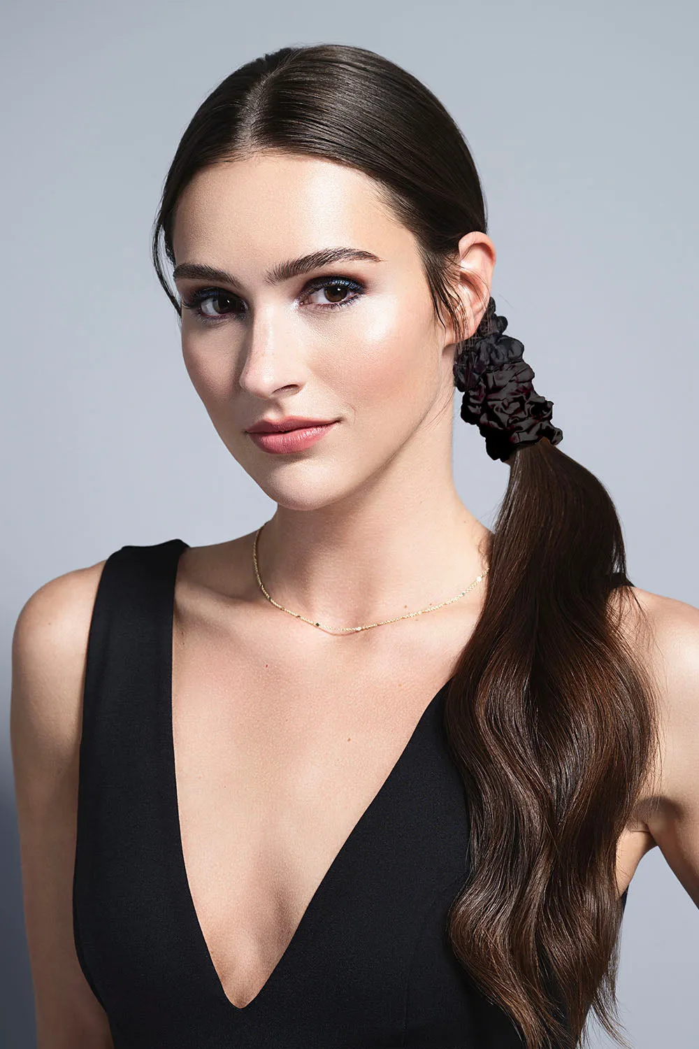 Ruched Ribbon Skinny Satin Scrunchies Set - Black
