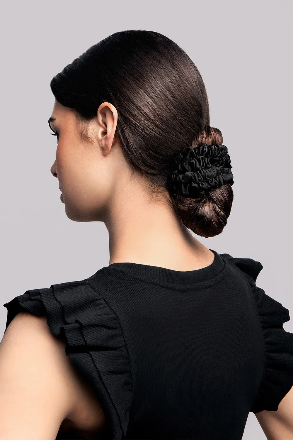 Ruched Ribbon Skinny Satin Scrunchies Set - Black