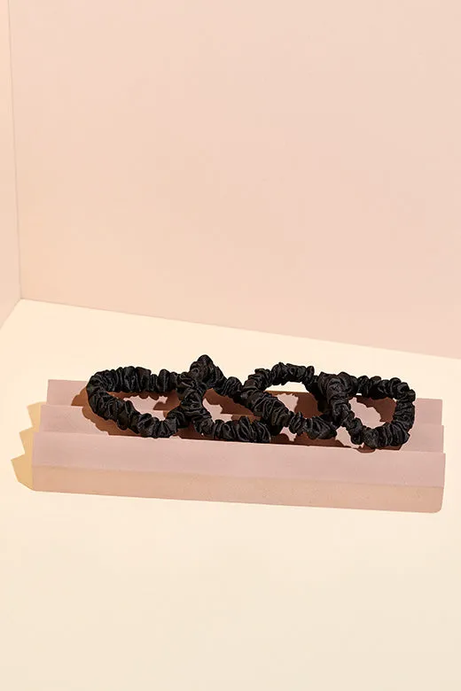Ruched Ribbon Skinny Satin Scrunchies Set - Black
