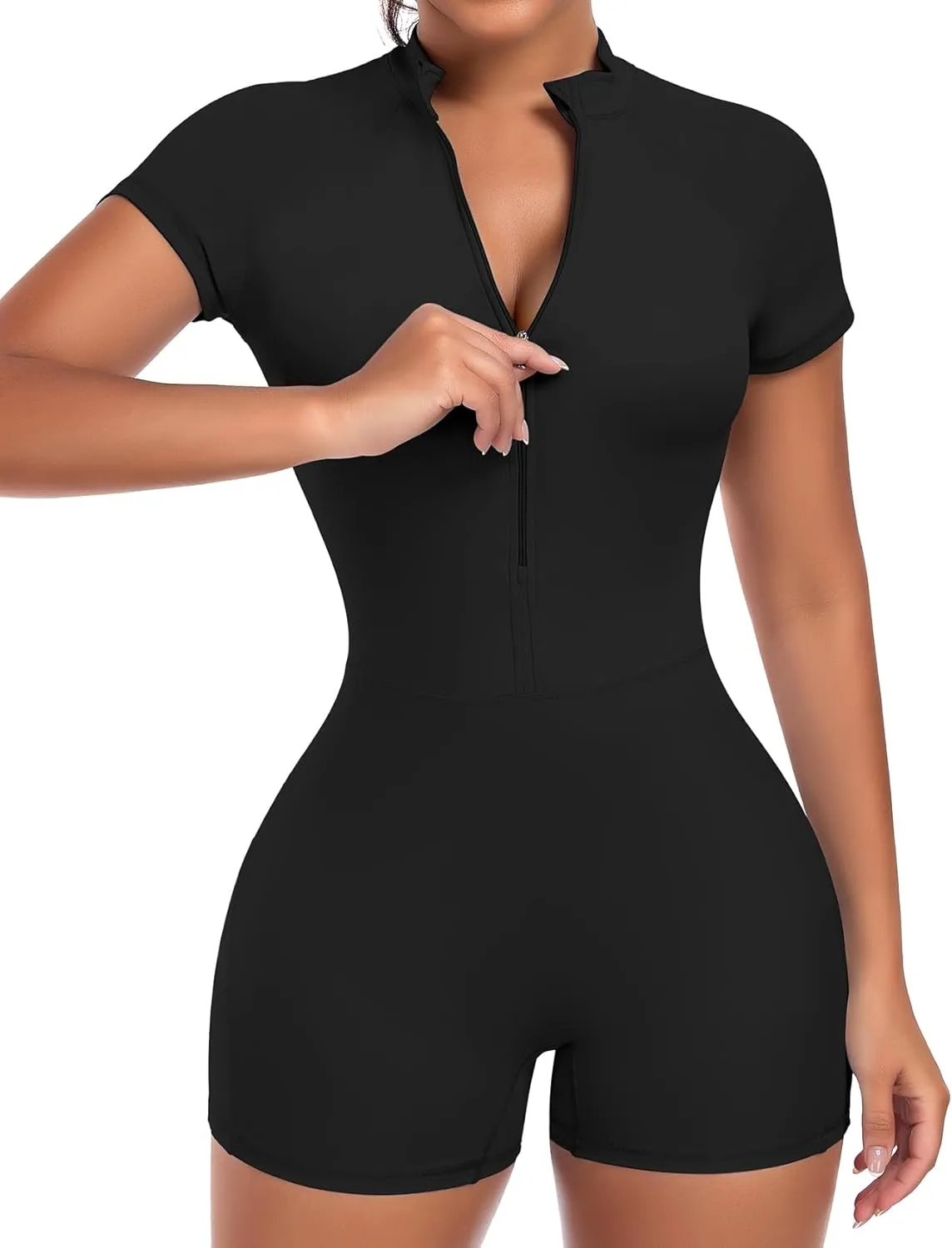 SEASUM Workout Jumpsuits for Women Zip Up Romper Open Back Bottom Shorts Bodysuit Short Sleeve Bodycon Sexy One Piece
