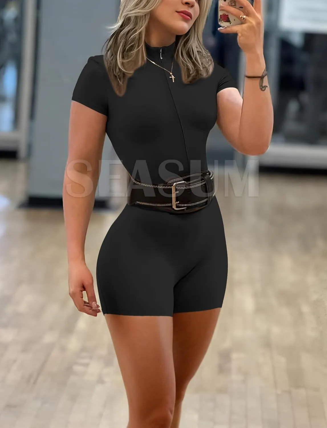 SEASUM Workout Jumpsuits for Women Zip Up Romper Open Back Bottom Shorts Bodysuit Short Sleeve Bodycon Sexy One Piece