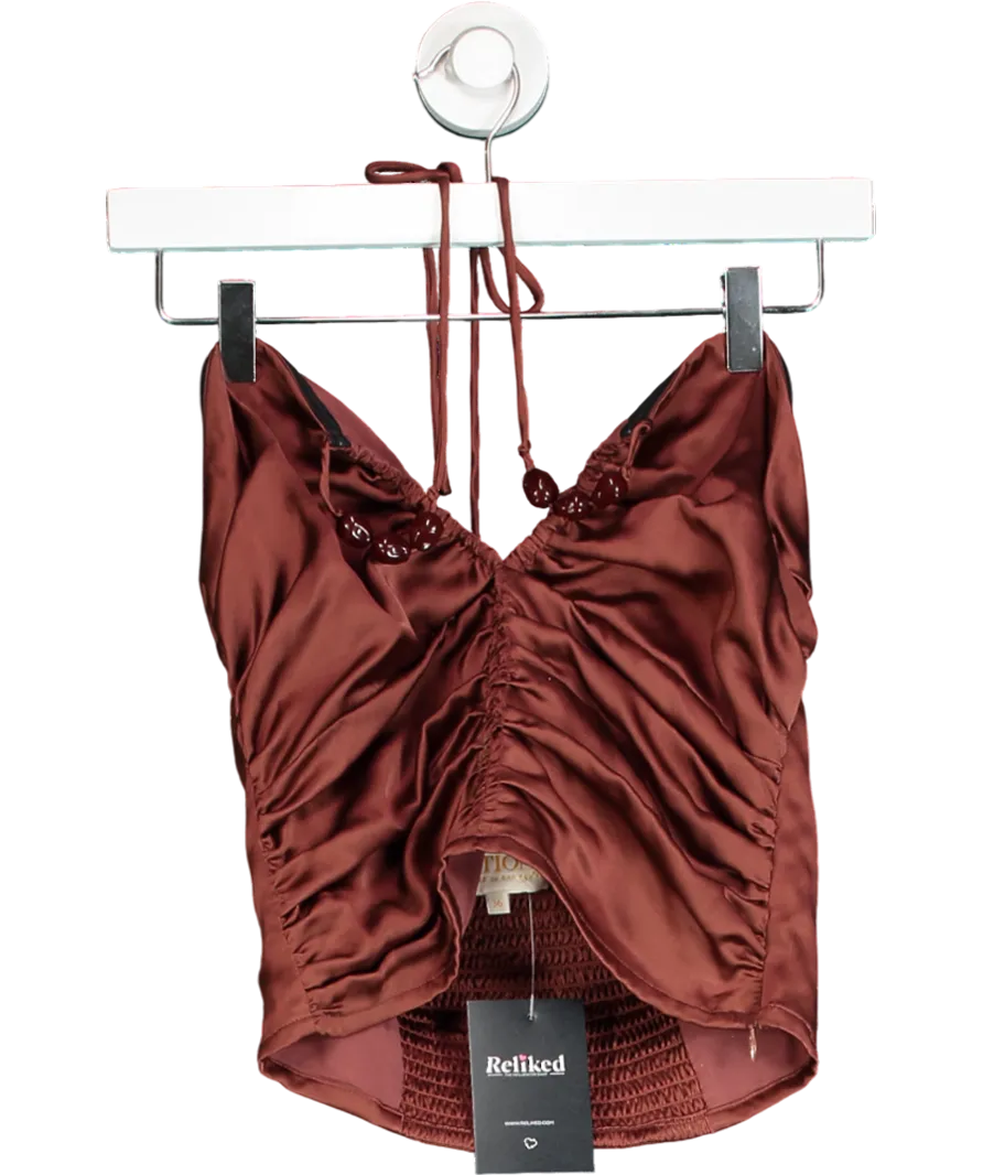 Sezane Brown Pearlena Silk Beaded Top  Cacao UK 8