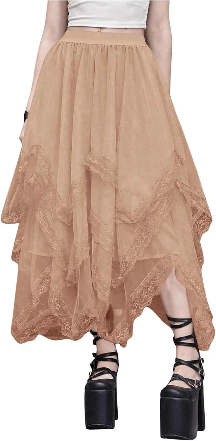 SHENHE Women's Lace Trim Layered Mesh Tulle Skirt High Waist Asymmetrical Long Goth Skirt