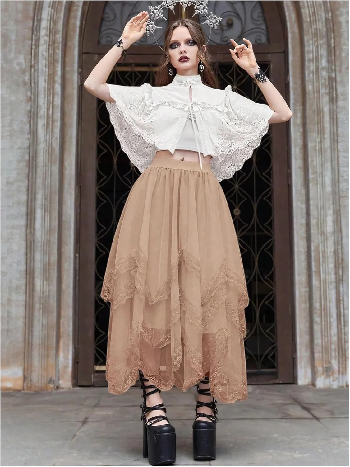 SHENHE Women's Lace Trim Layered Mesh Tulle Skirt High Waist Asymmetrical Long Goth Skirt