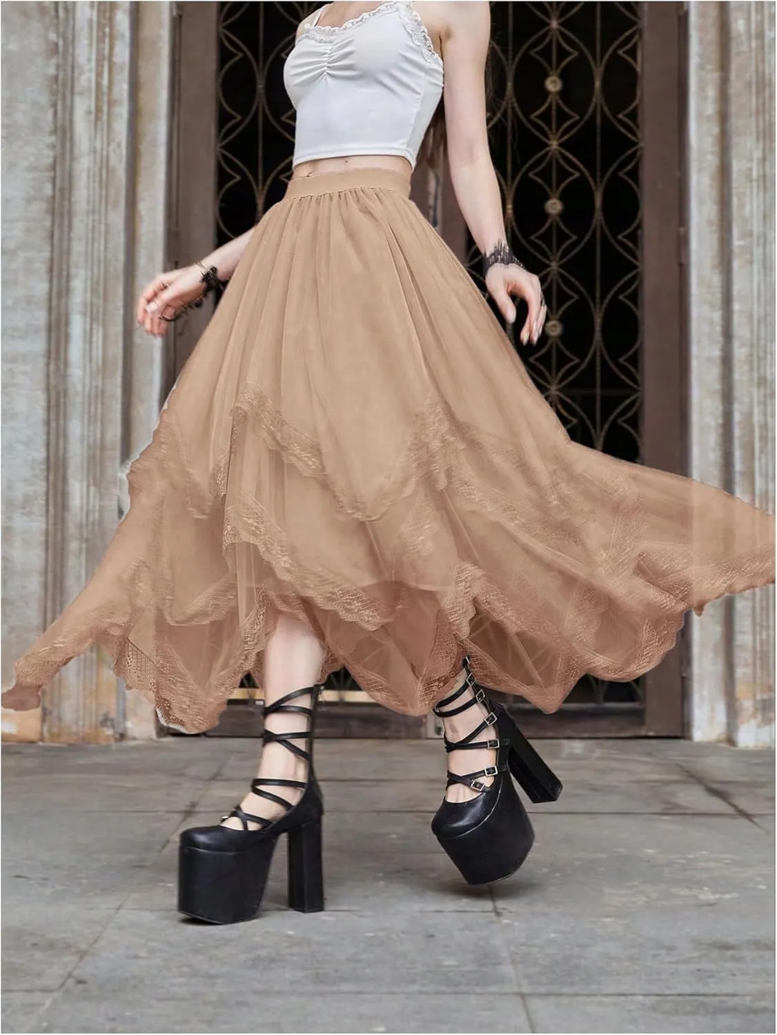 SHENHE Women's Lace Trim Layered Mesh Tulle Skirt High Waist Asymmetrical Long Goth Skirt