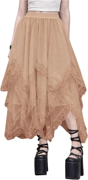 SHENHE Women's Lace Trim Layered Mesh Tulle Skirt High Waist Asymmetrical Long Goth Skirt