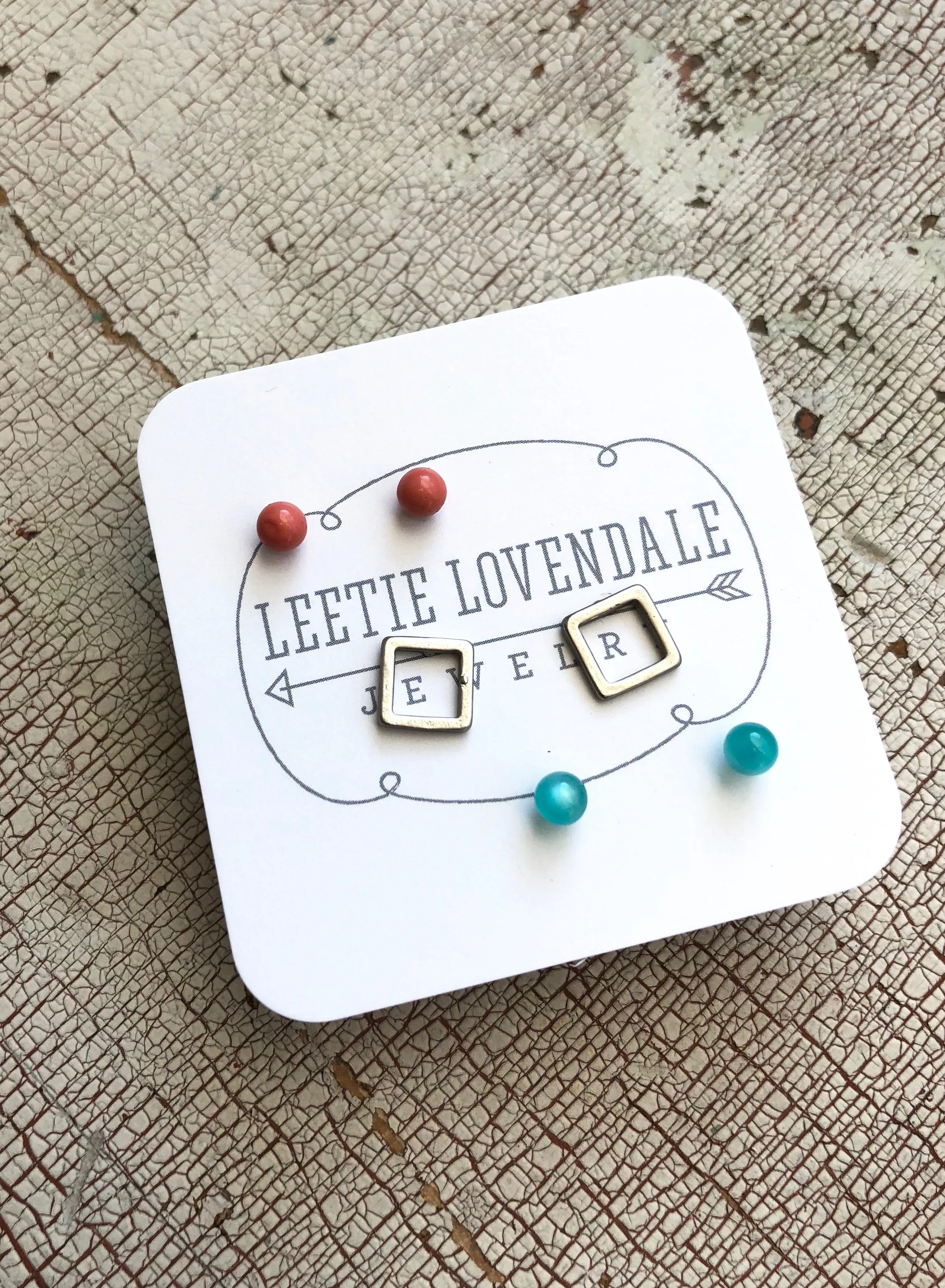 Tiny Teal Moonglow & Frosted Silver Square Geo Stud Earrings