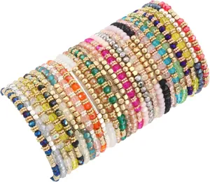 WAINIS 27-28Pcs Delicate Boho Beaded Bracelet Multi Layer Versatile Statement Bracelets Stackable stretch Cuff Sparkly Glass Crystal Beads bracelets