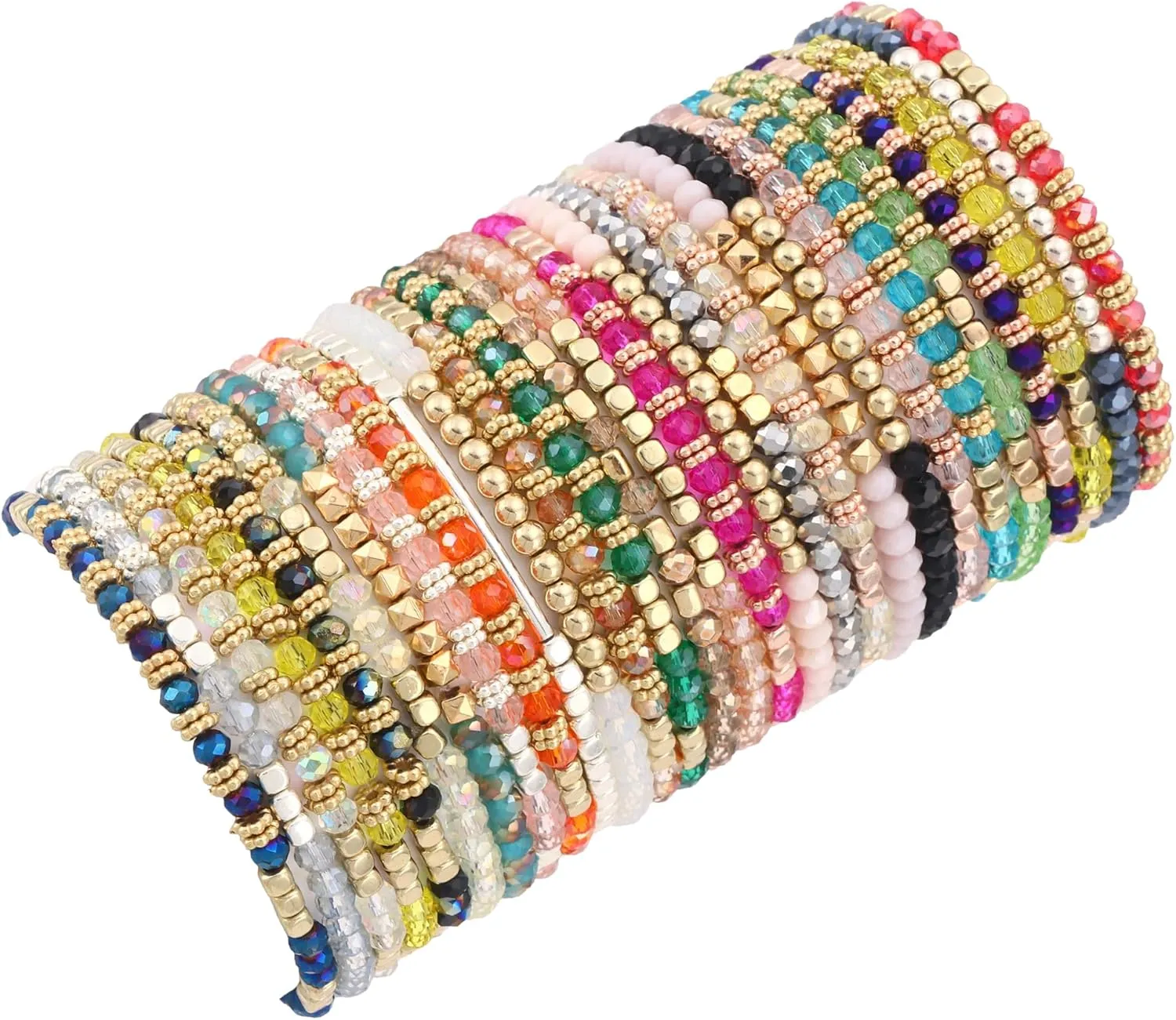WAINIS 27-28Pcs Delicate Boho Beaded Bracelet Multi Layer Versatile Statement Bracelets Stackable stretch Cuff Sparkly Glass Crystal Beads bracelets