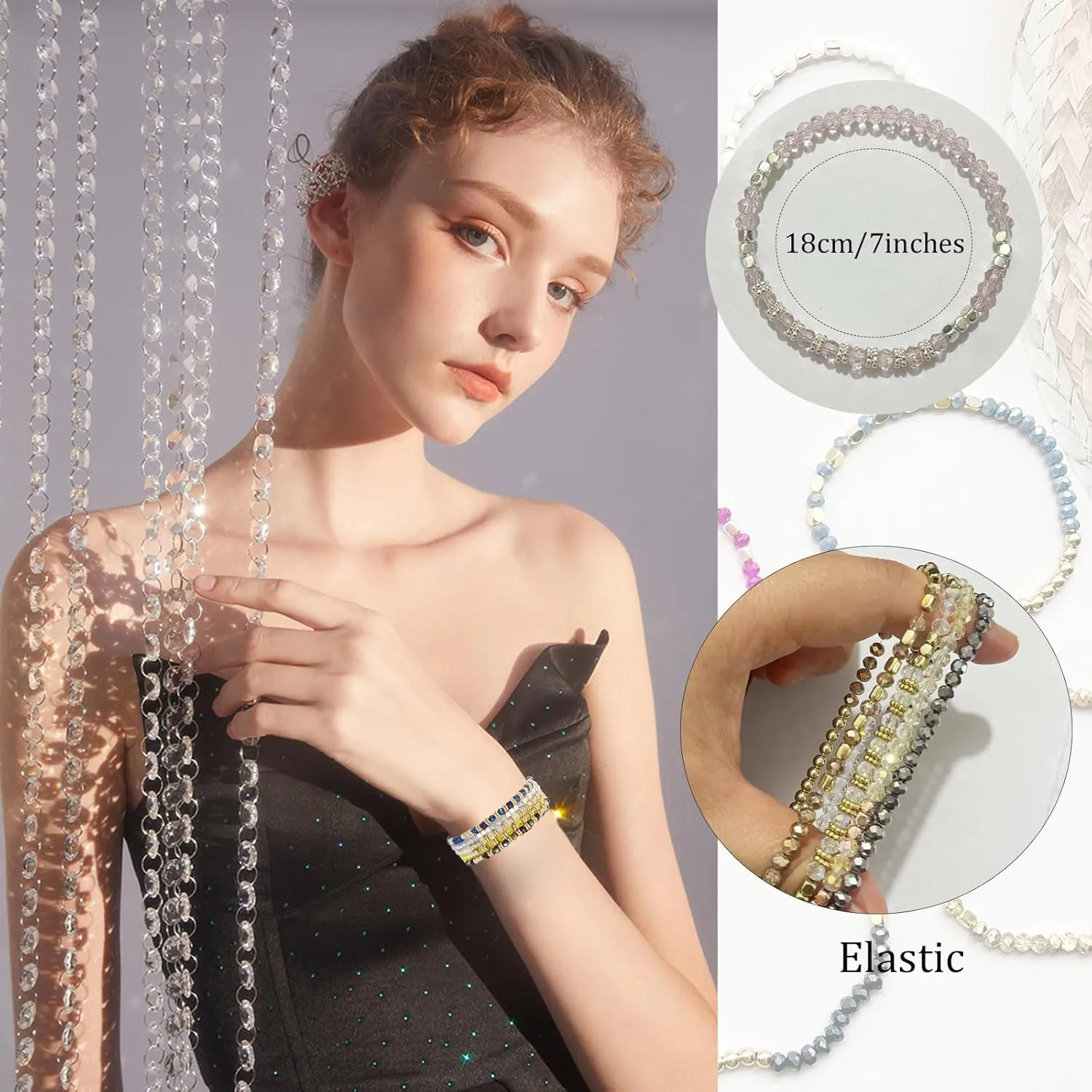 WAINIS 27-28Pcs Delicate Boho Beaded Bracelet Multi Layer Versatile Statement Bracelets Stackable stretch Cuff Sparkly Glass Crystal Beads bracelets