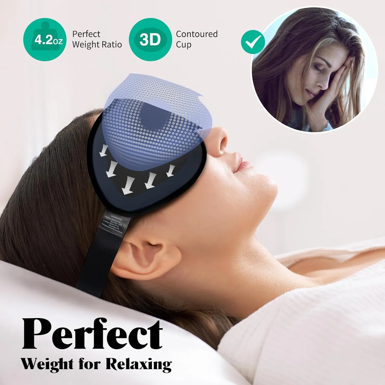 Weighted Eye Mask for Sleeping, Blackout 3D Contoured Sleep Mask with Adjustable Strap for Women Men, Memory Foam, Gentle Pressure Relief Comfort Eye Cover Blindfold for Insomnia & Travel -Black