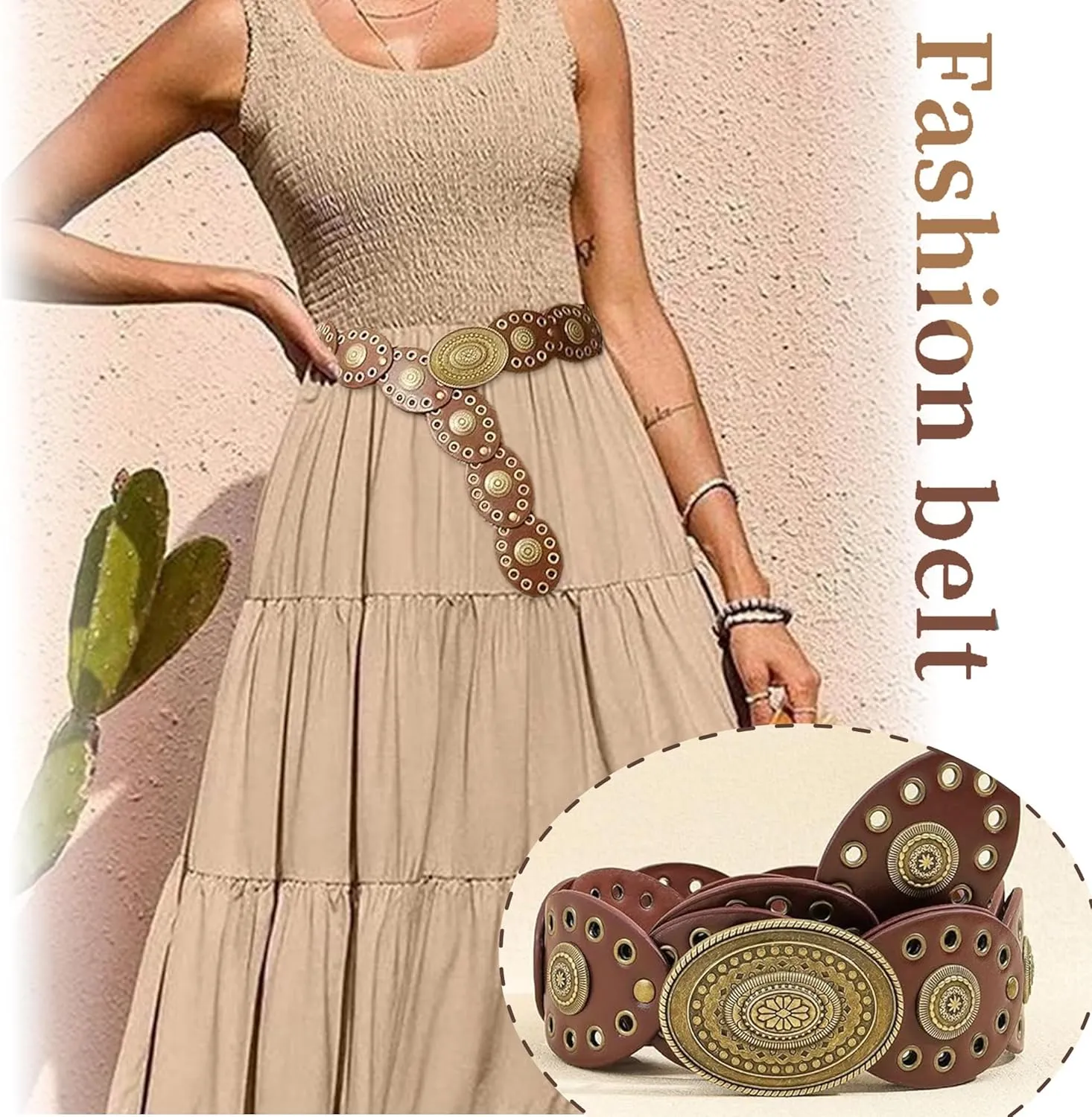 Western Chunky Wide Disc Belt for Women Boho Hollow PU Leather Waist Cowgirl Belt for Dresses Jeans with Metal Buckle