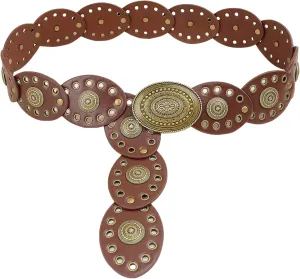 Western Chunky Wide Disc Belt for Women Boho Hollow PU Leather Waist Cowgirl Belt for Dresses Jeans with Metal Buckle