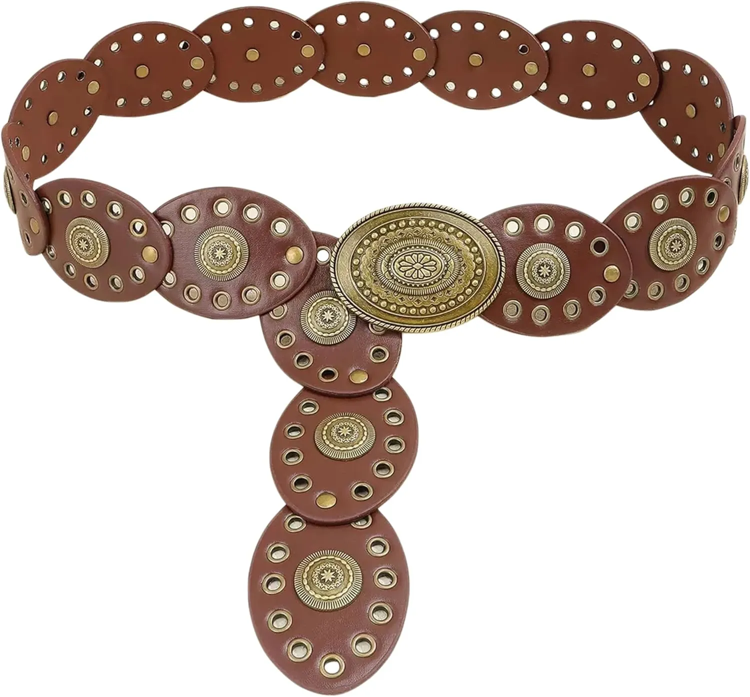 Western Chunky Wide Disc Belt for Women Boho Hollow PU Leather Waist Cowgirl Belt for Dresses Jeans with Metal Buckle