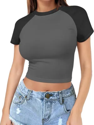 Womens Short Sleeve Crop Top Crew Neck Y2K Shirt Sexy Slim Fitted Casual Base Layer Soft Workout Shirt Going Out Tops